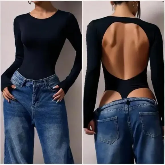 EYE-CATCHING Bodysuit | SZ M | Black Open-Back Cutout Shapewear Long Sleeve Top - Picture 2 of 9